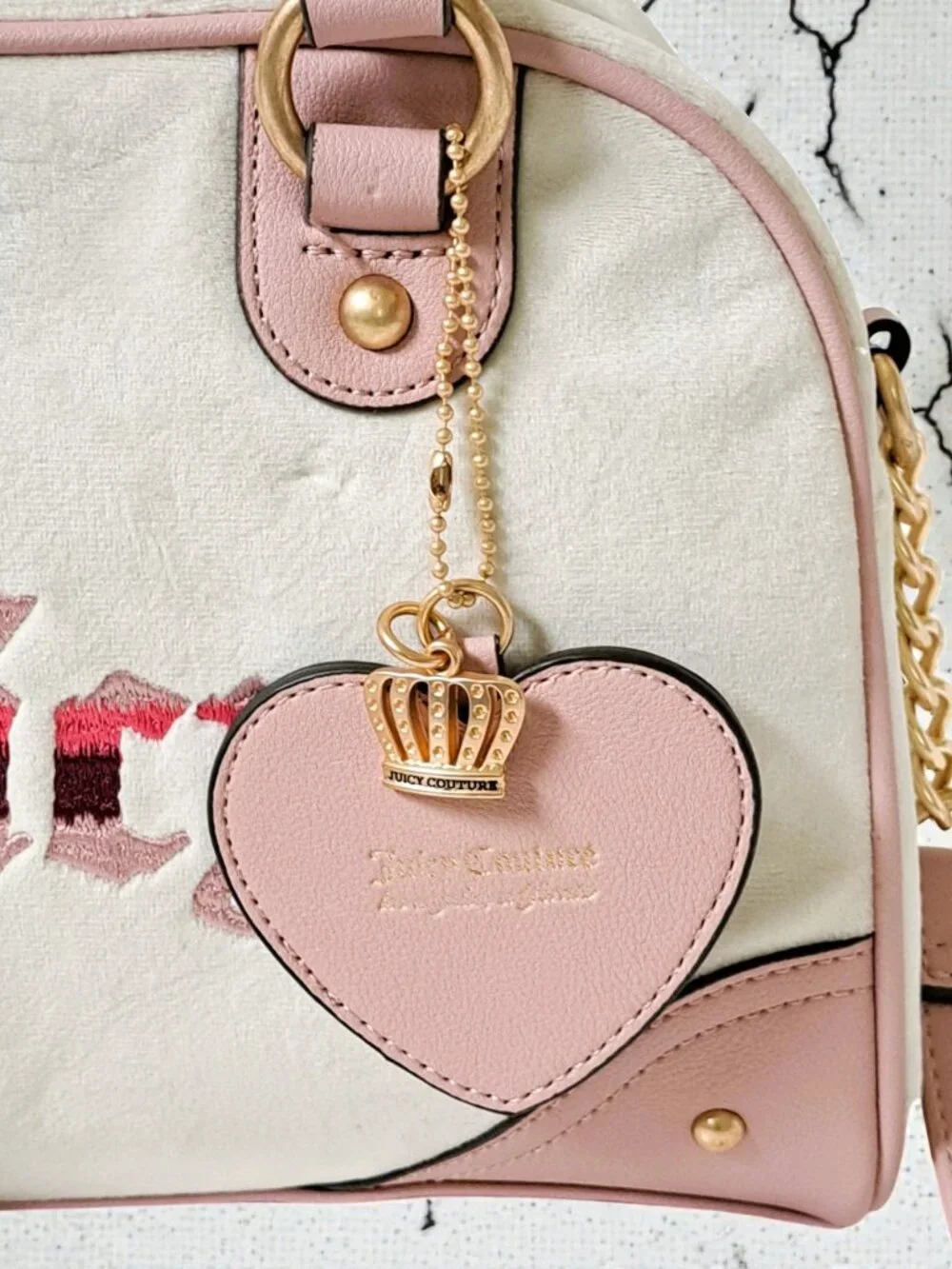 Juicy Couture Retro Vibe Bowler Satchel Pink & Cream Velour Y2K NWT